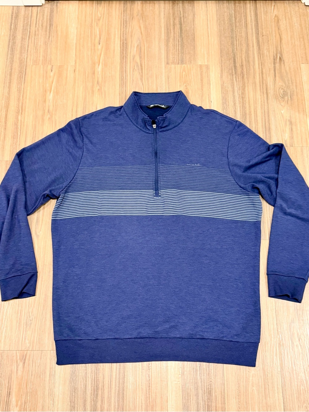 Travis Mathew Men's XXL Blue Quarter-Zip Sweater with Stripe Detail
